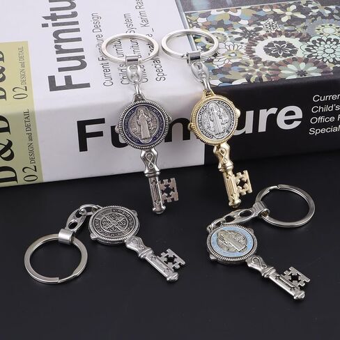 OEMOO 2Pcs Saint Benedict Medal Keychain, Silver Toned Saint Benedict Jubilee Medal Key Shaped Pendant Key Chain, Fine Detail Great Gift for Family Friend in Saudi Arabia