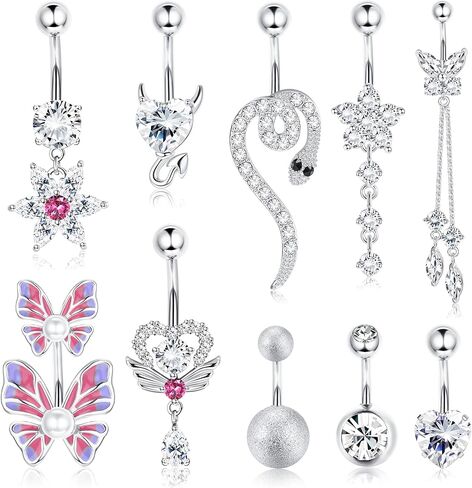 Subiceto 10 قطع حلقات زر البطن الجراحية الفولاذية للنساء مطلية بالذهب متدلية ثقب البطن المتدلية لطيف تشيكوسلوفاكيا ثعبان فراشة السرة حزمة in Kuwait