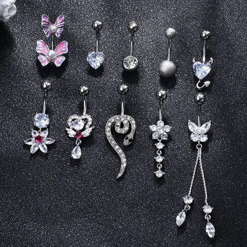 Subiceto 10 قطع حلقات زر البطن الجراحية الفولاذية للنساء مطلية بالذهب متدلية ثقب البطن المتدلية لطيف تشيكوسلوفاكيا ثعبان فراشة السرة حزمة in Kuwait