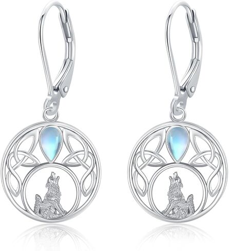 Wolf Earrings S925 Sterling Silver Moonstone Wolf Leverback Earrings Crescent Moon Dangle Drop Earrings Animal Earrings Wolf Hoop Earrings Howling Wolf Jewelry for Women Girls, Sterling Silver, No in Saudi Arabia