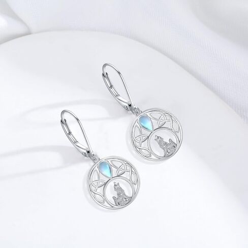 Wolf Earrings S925 Sterling Silver Moonstone Wolf Leverback Earrings Crescent Moon Dangle Drop Earrings Animal Earrings Wolf Hoop Earrings Howling Wolf Jewelry for Women Girls, Sterling Silver, No in Saudi Arabia