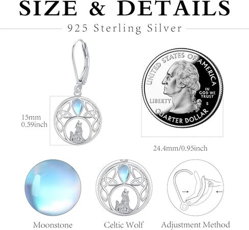 Wolf Earrings S925 Sterling Silver Moonstone Wolf Leverback Earrings Crescent Moon Dangle Drop Earrings Animal Earrings Wolf Hoop Earrings Howling Wolf Jewelry for Women Girls, Sterling Silver, No in Saudi Arabia