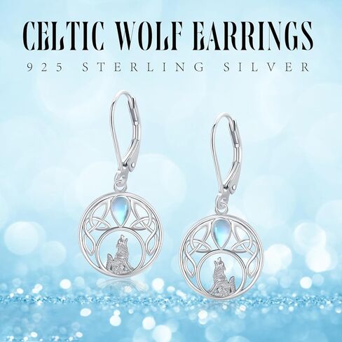 Wolf Earrings S925 Sterling Silver Moonstone Wolf Leverback Earrings Crescent Moon Dangle Drop Earrings Animal Earrings Wolf Hoop Earrings Howling Wolf Jewelry for Women Girls, Sterling Silver, No in Saudi Arabia