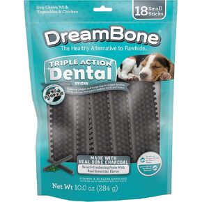 Dreambone Triple Action Dental Sticks Charcoal, 6 Count, Rawhide-Free Chews for Large and XL Sized Dogs Freshens Breath