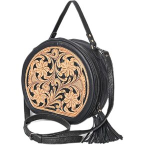 Merbaa western Handtooled Cowhide Hairon Canteen Crossbody bag with Adjustable Detachable Leather Strap,Antique dye finish