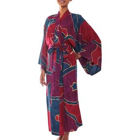 NOVICA Handmade Women's Soft Knit Bathrobe, Peacock Patterned Kimono Robe with 51" Length, Perfect for Shower or Sleepwear, Exotic Blue'