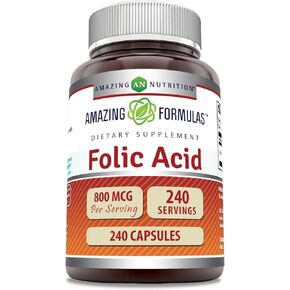 Amazing Formulas Folic Acid - 800 mcg - 240 Capsules (Non-GMO,Gluten Free) - Provides Energy Support - Supports Red Blood Cell Production - Bolsters The Immune System *