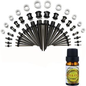 JDXN 50 Pieces Acrylic Ear Stretching Kit + Aftercare Jojoba Oil Tapers Plugs Silicone Tunnels Gauges Expander 14G-00G Jewelry 50 Pieces Set Body Piercing Jewelry