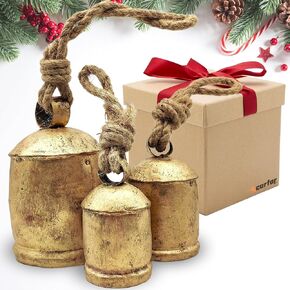 Carfar Set of 3 Rustic Style Large Bells Handmade Vintage Metal Harmony Christmas Hanging Decoration Cow Bells on Jute Rope
