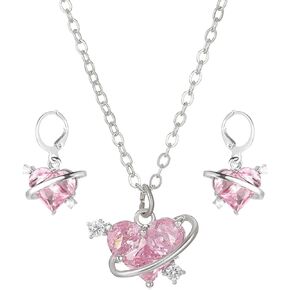 Y2K Style Pink Crystal Heart Jewelry Set - Trendy Pink Crystal Pendant Necklace and Drop Earrings for Women Girls Valentine's Day Jewelry