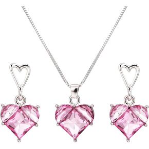 Y2K Style Pink Crystal Heart Jewelry Set - Trendy Pink Crystal Pendant Necklace and Drop Earrings for Women Girls Valentine's Day Jewelry