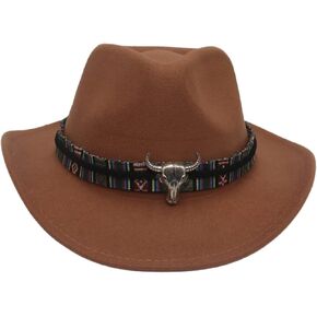 Women Men Faux Felt Western Cowboy Hat with Ox Head Belt Buckle Mexican Cowgirl Wool Hat Newsboy Top Cap Wide Brim Fedora