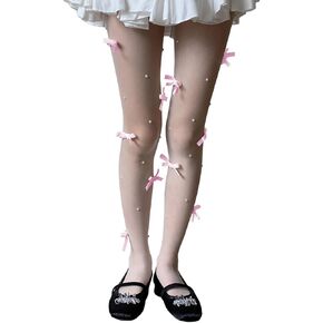 Mieeyali Women Y2K Bow Pearl Tights Cute Kawaii Lace Fishnet Stockings Thigh High Pantyhose Sheer Footed Leggings Tights