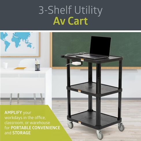 Pearington 3-Shelf Mobile Utility Cart with 3 Outlets and 8' Cord, Heavy-Duty Service Cart for Offices and Warehouses with 3 Shelves, Black in Kuwait