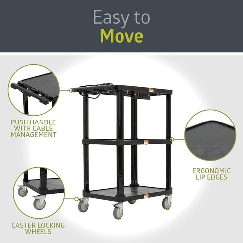 Pearington 3-Shelf Mobile Utility Cart with 3 Outlets and 8' Cord, Heavy-Duty Service Cart for Offices and Warehouses with 3 Shelves, Black in Kuwait