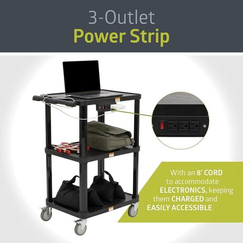 Pearington 3-Shelf Mobile Utility Cart with 3 Outlets and 8' Cord, Heavy-Duty Service Cart for Offices and Warehouses with 3 Shelves, Black in Kuwait