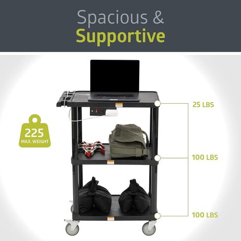 Pearington 3-Shelf Mobile Utility Cart with 3 Outlets and 8' Cord, Heavy-Duty Service Cart for Offices and Warehouses with 3 Shelves, Black in Kuwait