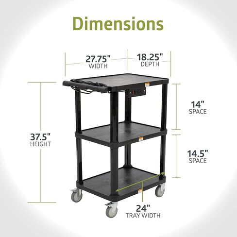 Pearington 3-Shelf Mobile Utility Cart with 3 Outlets and 8' Cord, Heavy-Duty Service Cart for Offices and Warehouses with 3 Shelves, Black in Kuwait