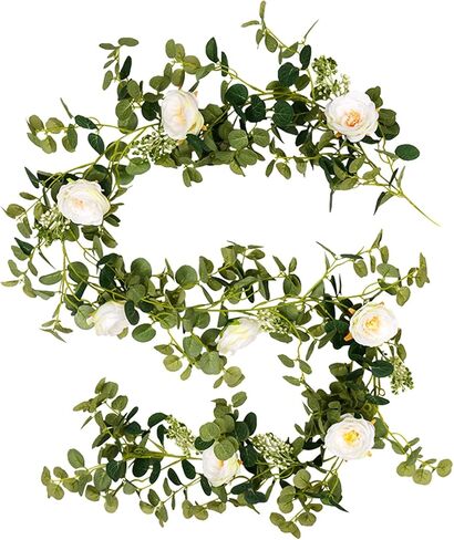 Cyblinia Eucalyptus Garland 6 FT Artificial Flower Garland Floral Vines 1 Pcs Eucalyptus Leaves Vines with Camellias Flowers for Wedding Party Decor in Saudi Arabia
