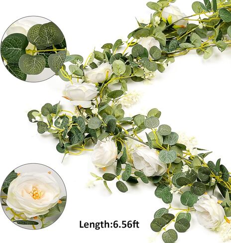 Cyblinia Eucalyptus Garland 6 FT Artificial Flower Garland Floral Vines 1 Pcs Eucalyptus Leaves Vines with Camellias Flowers for Wedding Party Decor in Saudi Arabia