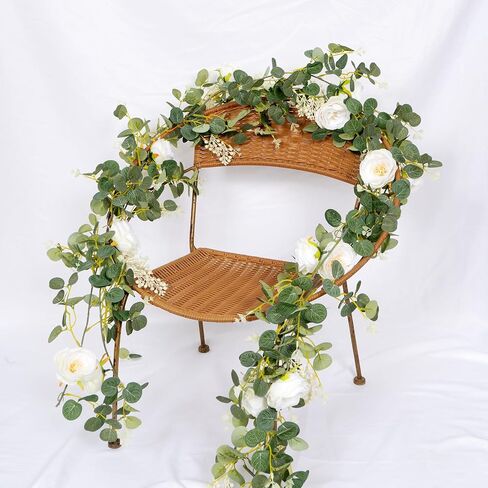 Cyblinia Eucalyptus Garland 6 FT Artificial Flower Garland Floral Vines 1 Pcs Eucalyptus Leaves Vines with Camellias Flowers for Wedding Party Decor in Saudi Arabia