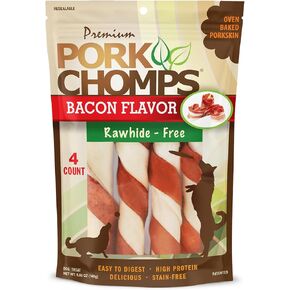 Pork Chomps Baked Pork Skin Dog Chews, 6-inch Twists, Bacon Flavor Wrap, 4 Count