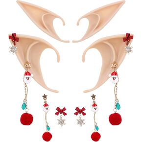 FRESHME Elf Ears with Piercings Set, 2 Pairs Soft Fairy Pixie Ears with Stars Red Bow Tassels Dangle Earrings Pierced Ear Cuffs Clips for Women Cosplay New Year Costume Accessories