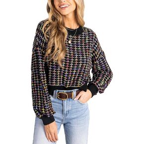 CUPSHE Women Sweater Round Neck Sweater Multicolored Casual Tops Long Puff Sleeves