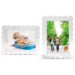 5x7 Acrylic Clear Scalloped Photo Frame with Magnetic Tabletop Display (2 Pack), Horizontal or Vertical Display for High Definition Minimalist Pictures.