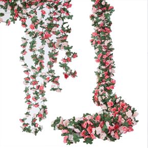LovFove Pink Rose Wreath 5Pcs 39 ft Faux Flower Vine Wreath for Home Decor, Propose Wedding Valentine's Day Outdoor Wall Decoration