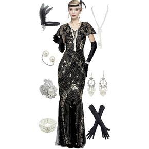 1920s Short Sleeve Floral Sequins Fringe Long Gatsby Flapper Formal Maxi Gown Cocktail Dresses w/Accessories Set
