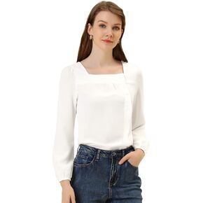 Allegra K Women's Square Neck Casual Solid Long Sleeve Tops