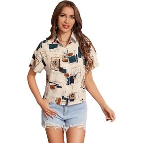 SweatyRocks Women's Short Sleeve Drop Shoulder Collared Blouse Button Down Graphic Print Blouse Shirts Top