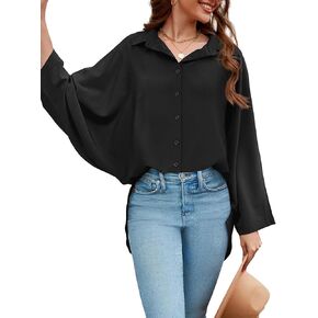 Womens Batwing Button Down Shirts Long Sleeve Dressy Casual Blouses Loose Shirt Office Work Tunic Tops
