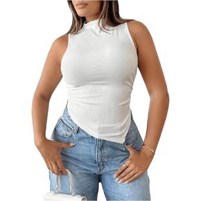 Floerns Women's Solid Ruched Tank Asymmetrical Hem Mock Neck Sleeveless Tops