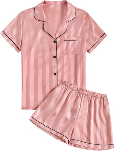 Umenlele Women's Silky Satin Striped Pajamas Short Sleeve Top with Shorts Sleepwear PJ Set in Kuwait