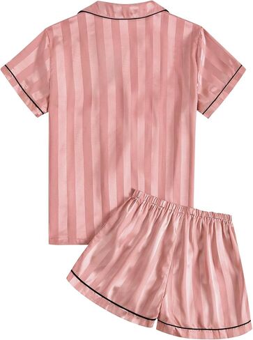 Umenlele Women's Silky Satin Striped Pajamas Short Sleeve Top with Shorts Sleepwear PJ Set in Kuwait