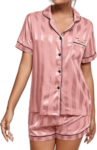 Umenlele Women's Silky Satin Striped Pajamas Short Sleeve Top with Shorts Sleepwear PJ Set in Kuwait