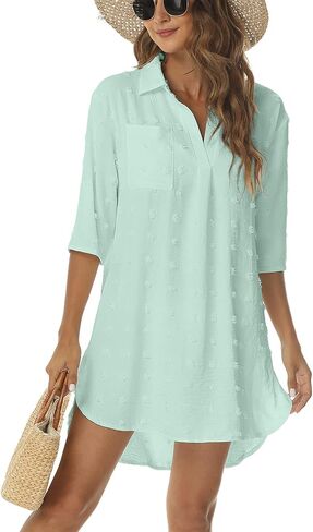 POGTMM Beach Swimsuit Coverup for Women Casual 3/4 Sleeve Bikini Swimwear Summer Dress Bathing Suit Cover Up Dress Shirt in Saudi Arabia