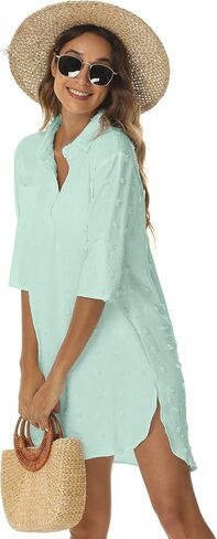 POGTMM Beach Swimsuit Coverup for Women Casual 3/4 Sleeve Bikini Swimwear Summer Dress Bathing Suit Cover Up Dress Shirt in Saudi Arabia