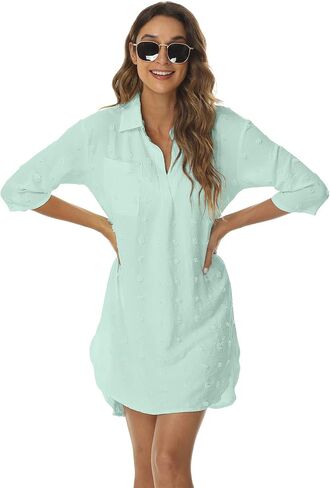 POGTMM Beach Swimsuit Coverup for Women Casual 3/4 Sleeve Bikini Swimwear Summer Dress Bathing Suit Cover Up Dress Shirt in Saudi Arabia