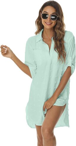POGTMM Beach Swimsuit Coverup for Women Casual 3/4 Sleeve Bikini Swimwear Summer Dress Bathing Suit Cover Up Dress Shirt in Saudi Arabia