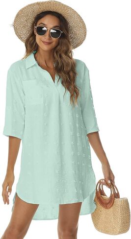POGTMM Beach Swimsuit Coverup for Women Casual 3/4 Sleeve Bikini Swimwear Summer Dress Bathing Suit Cover Up Dress Shirt in Saudi Arabia