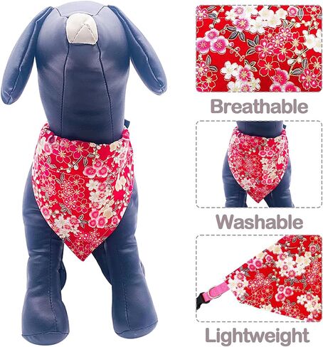 PET SHOW 4Pcs Small Dog Bandanas Slide on Collar Set Washable Cherry Blossoms Puppies Cat Bandanas Bibs Slip Through Collar Accessories for Boy Girl Small Medium Dogs Attach to Pet Collar in Saudi Arabia