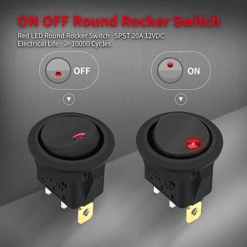 DaierTek Round Rocker Switch 12V 20A LED DC Round Shell 3 Pin with 12 Volt Red LED Lighted Automotive Car Truck Rocker Toggle Switch ON Off -5Pack in Kuwait