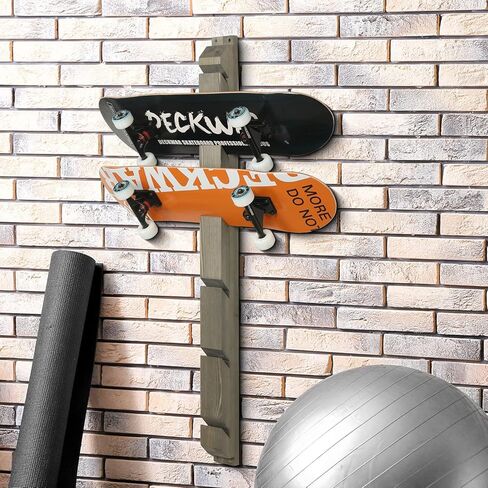 MyGift Modern Wall Mounted Rustic Burnt Solid Wood Skateboard Display Rack, Hanging Longboard Storage Organizer with Diagonal Cutout Slots, Holds 6 Boards in Saudi Arabia