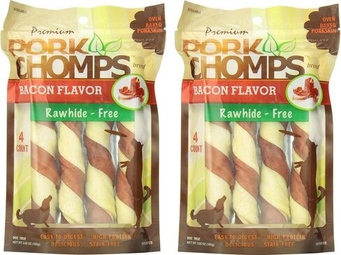 Pork Chomps Baked Pork Skin Dog Chews, 6-inch Twists, Bacon Flavor Wrap, 4 Count in Kuwait