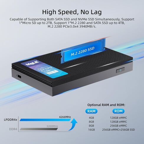 MeLE Mini PC Quieter 4C - الجيل الثاني عشر N100، تصميم بدون مروحة، ذاكرة وصول عشوائي 16 جيجابايت، ذاكرة وصول عشوائي 512 جيجابايت، Windows 11 Pro، شبكة LAN مزدوجة، 2.4/5G Wi-Fi، USB-C كامل الوظائف، سطح مكتب ثلاثي العرض 4K في المنزل والمكتب والتعليم إنترنت  in Kuwait