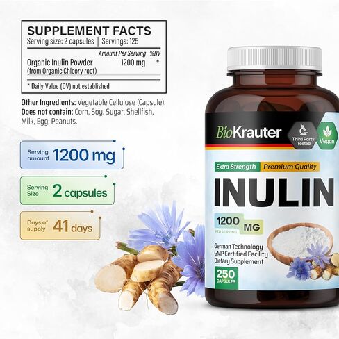 Inulin Powder Capsules - Organic Fiber Supplement - 1200mg Chicory Root Fiber Pills for Digestive Support - Pure Soluble Fiber Supplements - 100 Vegan Tablets in Kuwait