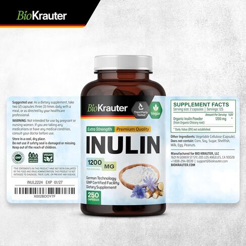 Inulin Powder Capsules - Organic Fiber Supplement - 1200mg Chicory Root Fiber Pills for Digestive Support - Pure Soluble Fiber Supplements - 100 Vegan Tablets in Kuwait
